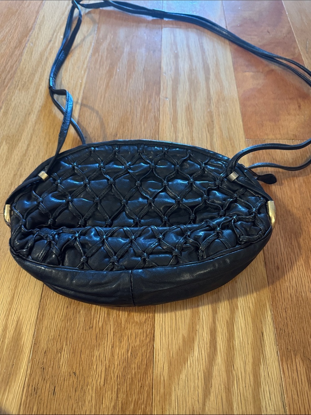 Woven Detail Black Leather Crossbody Bag